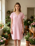 LSVNBPK V-Neck Buttoned Gauze Cotton Dress Pink