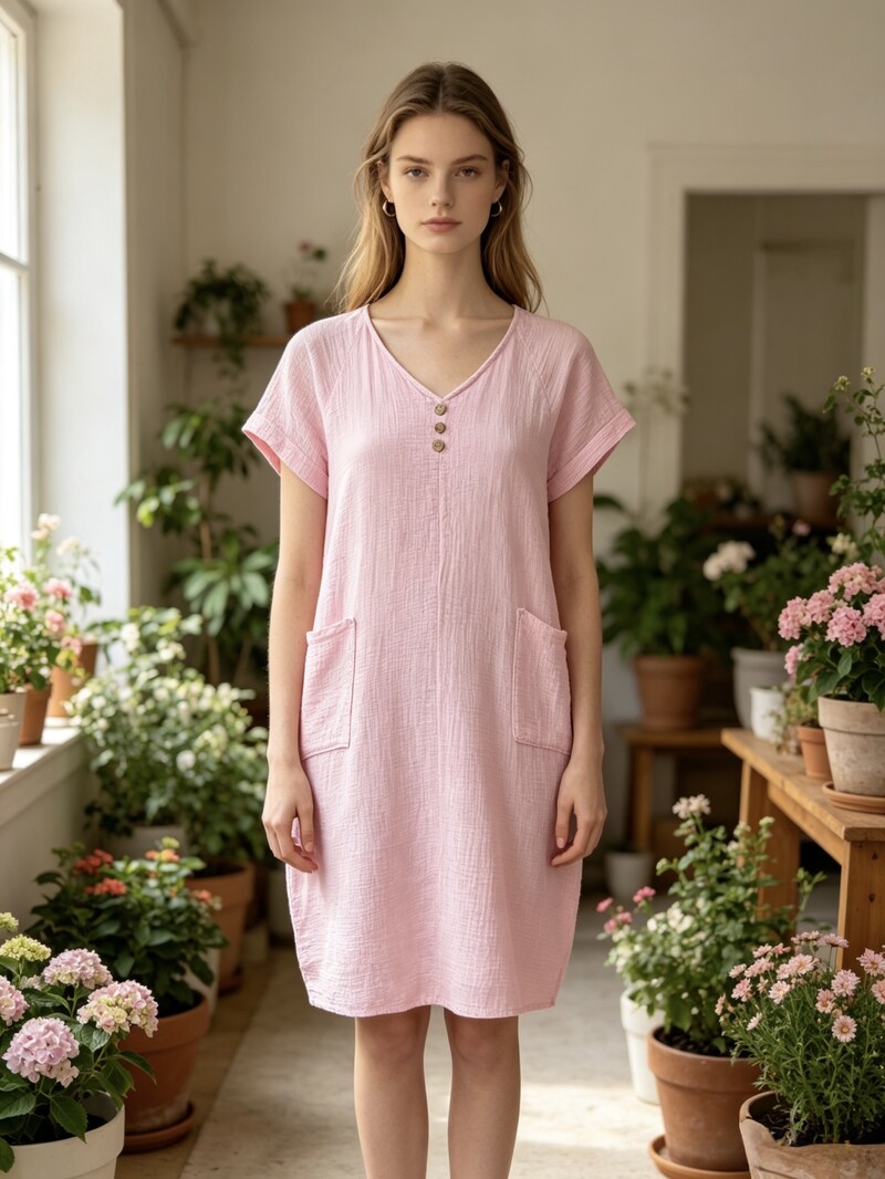 LSVNBPK V-Neck Buttoned Gauze Cotton Dress Pink