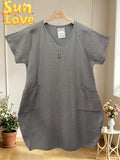 LSVNBTP V-Neck Buttoned Gauze Cotton Dress Taupe