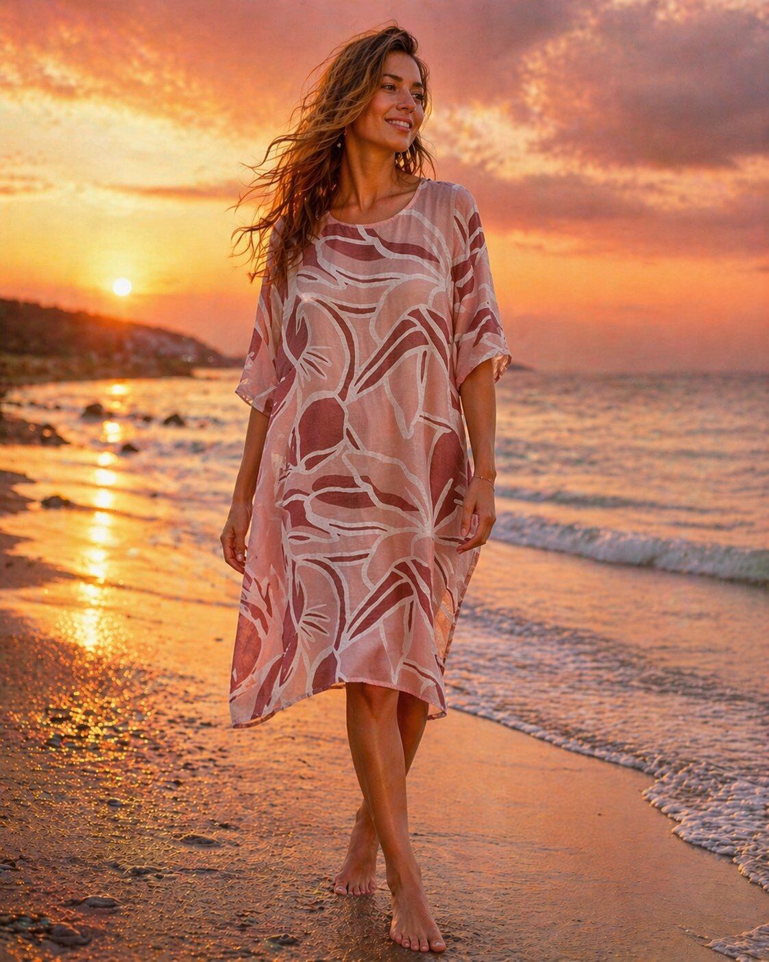 TDLFM Leaf Print Midi Dress — Dusty Pink
