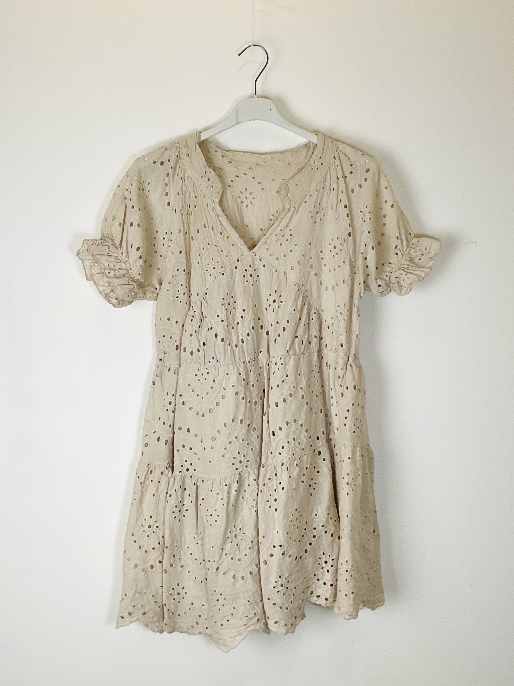 TDEVN Eyelet V-Neck Short Dress — Beige