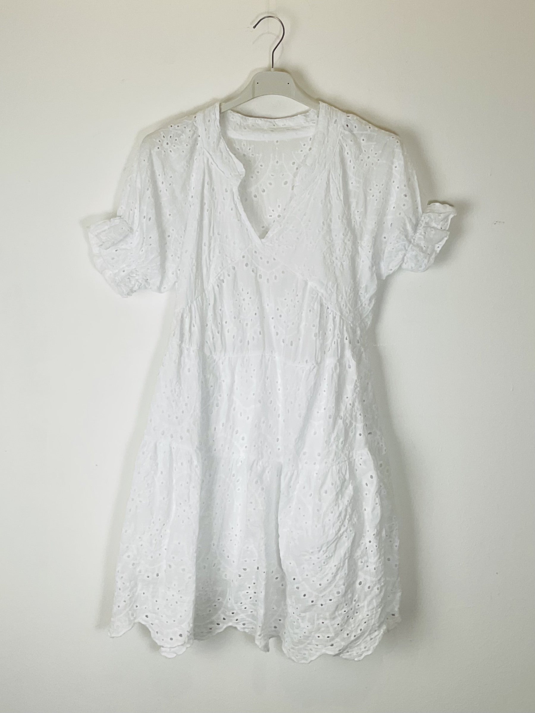 TDEVN Eyelet V-Neck Short Dress — White