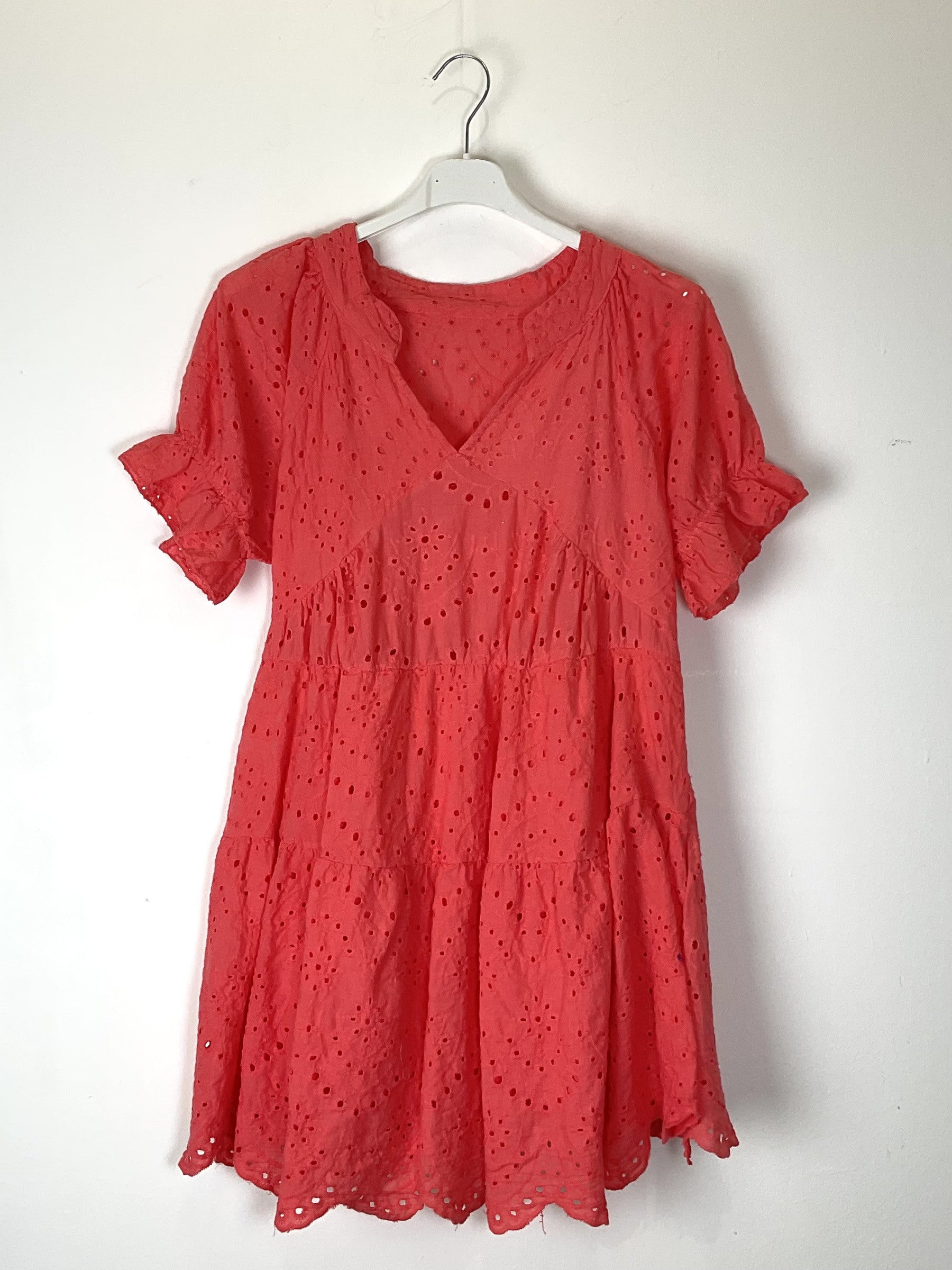 TDEVN Eyelet V-Neck Short Dress — Coral