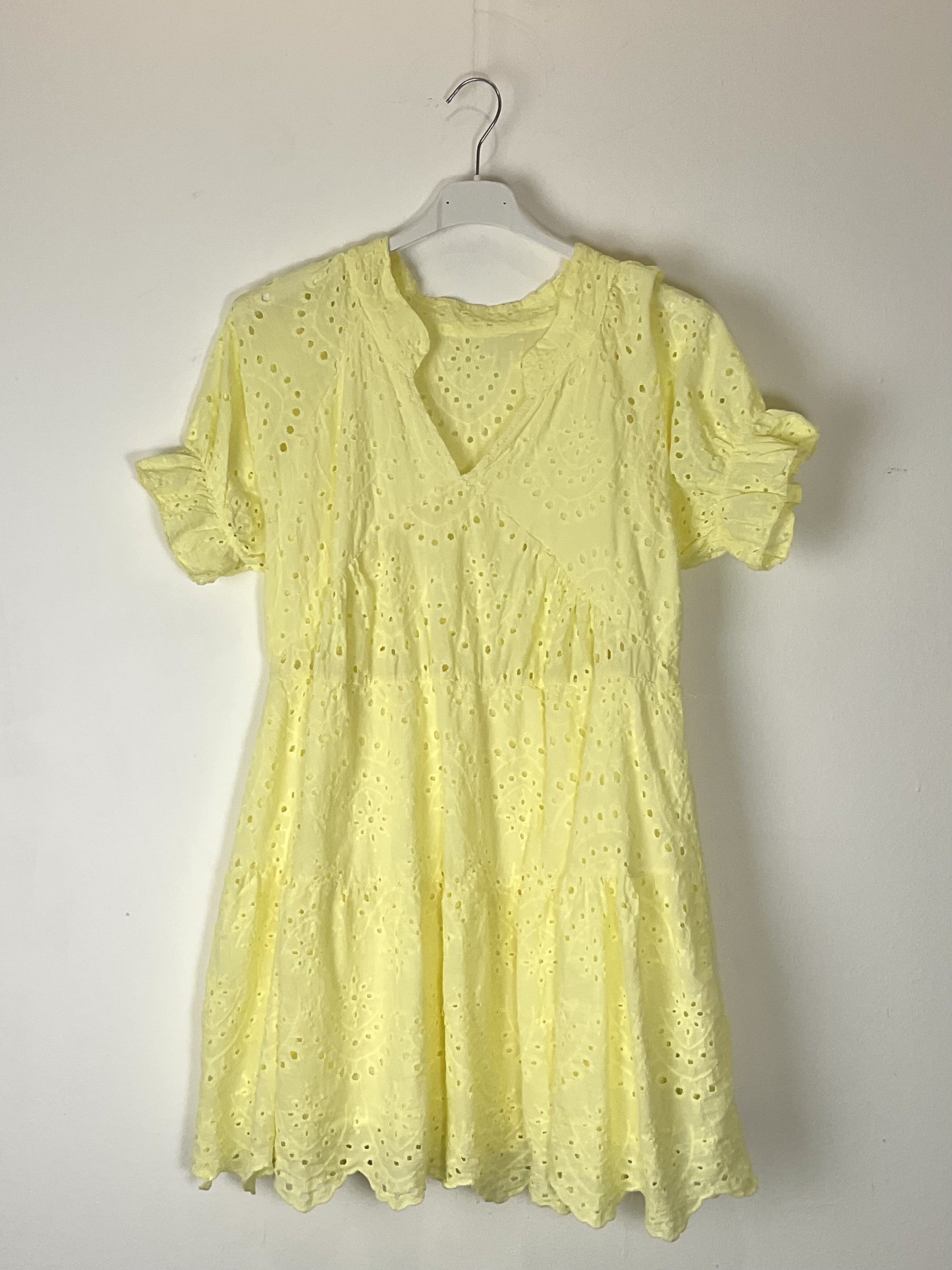 TDEVN Eyelet V-Neck Short Dress — Yellow