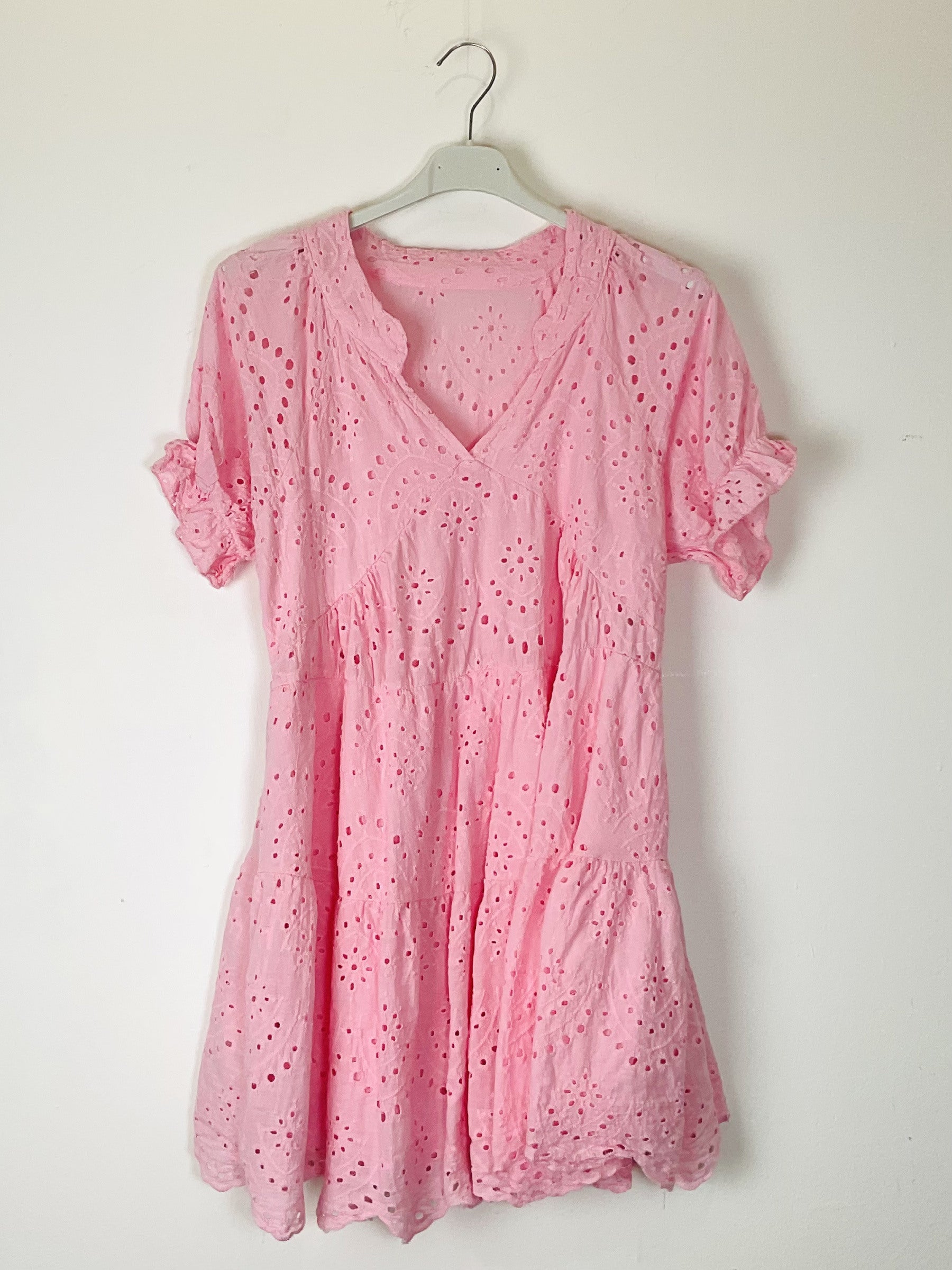 TDEVN Eyelet V-Neck Short Dress — Pink