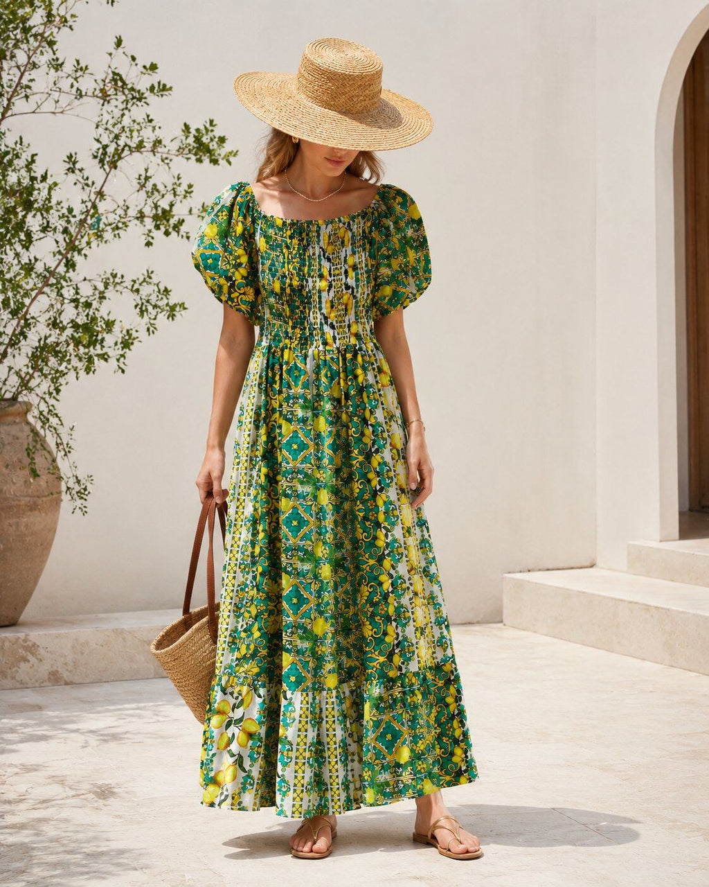 TDFPM Floral Puff Sleeve Maxi Dress — Green