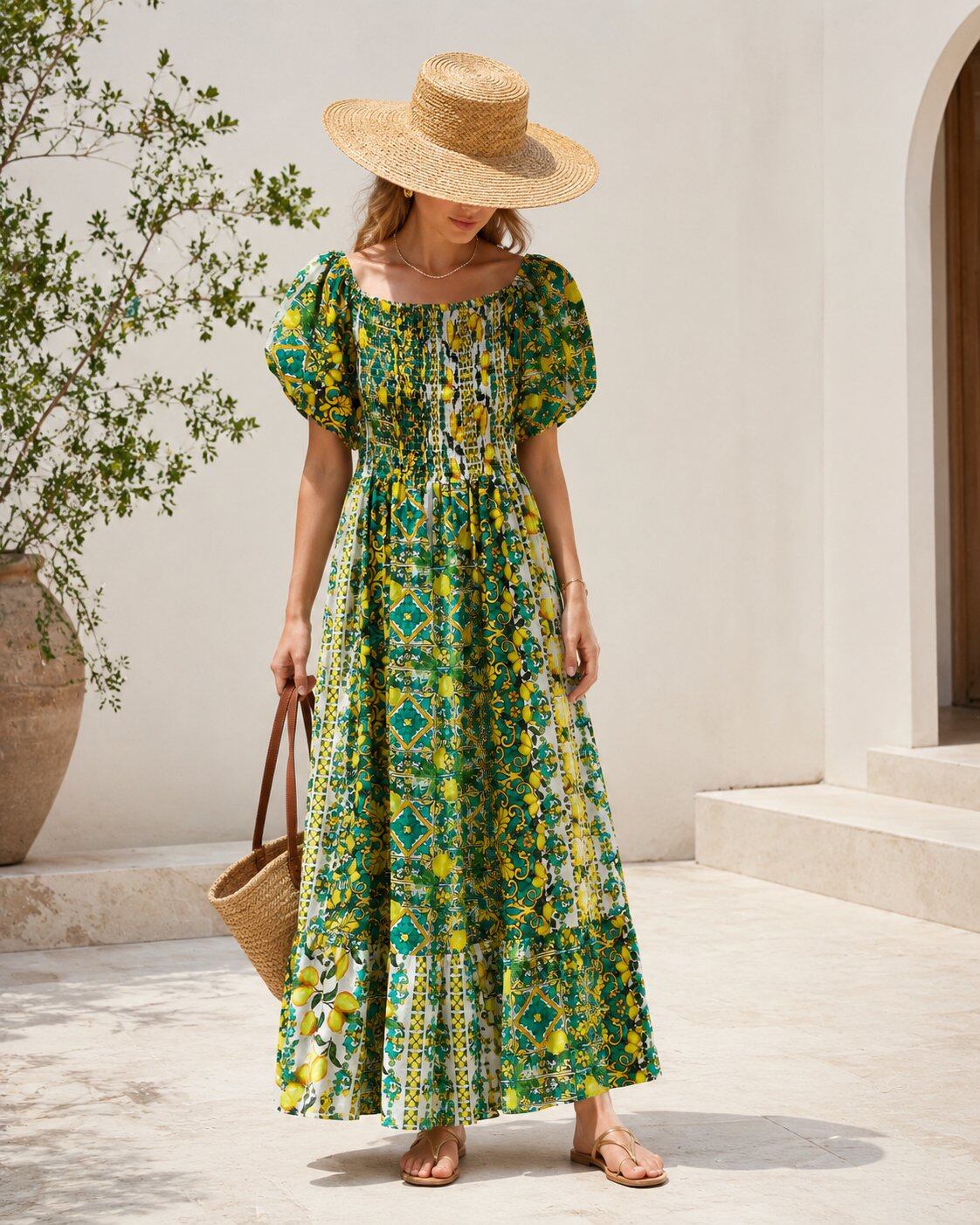 TDFPM Floral Puff Sleeve Maxi Dress — Green