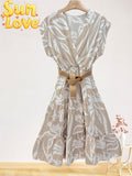 LSFBVBG Floral Belted Viscose Dress Beige