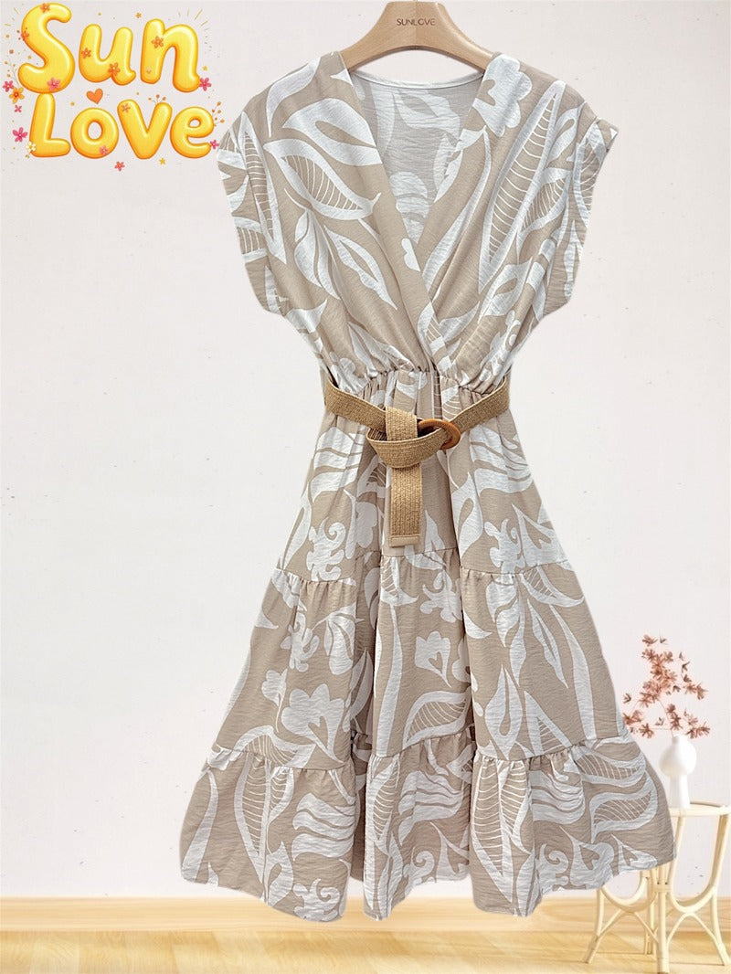LSFBVBG Floral Belted Viscose Dress Beige