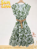 LSFBVKH Floral Belted Viscose Dress Khaki