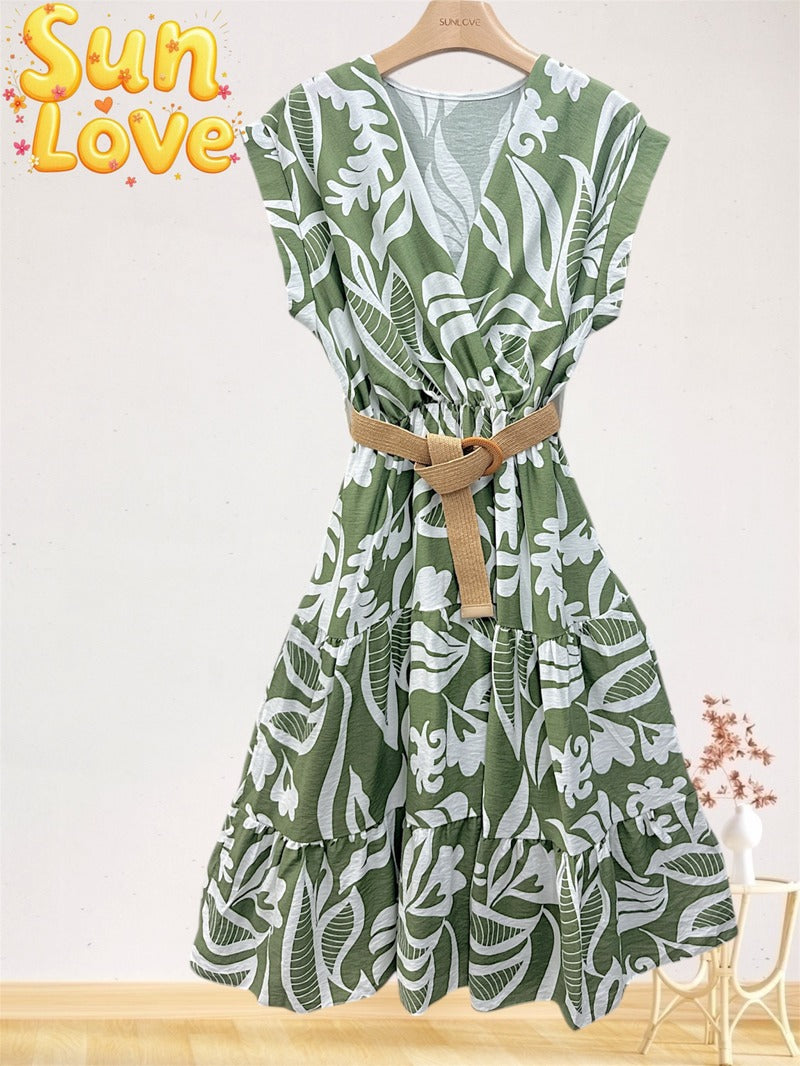 LSFBVKH Floral Belted Viscose Dress Khaki