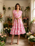 LSFBVPK Floral Belted Viscose Dress Pink