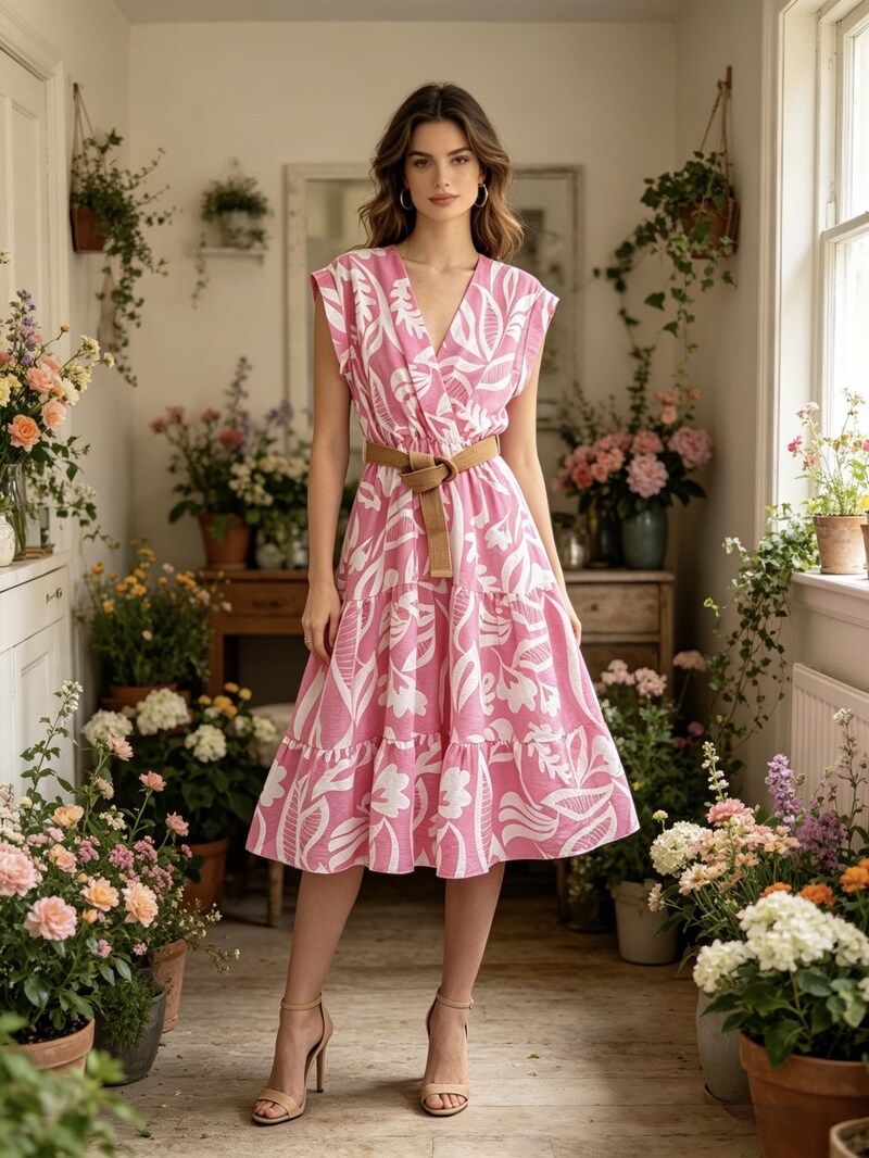 LSFBVPK Floral Belted Viscose Dress Pink