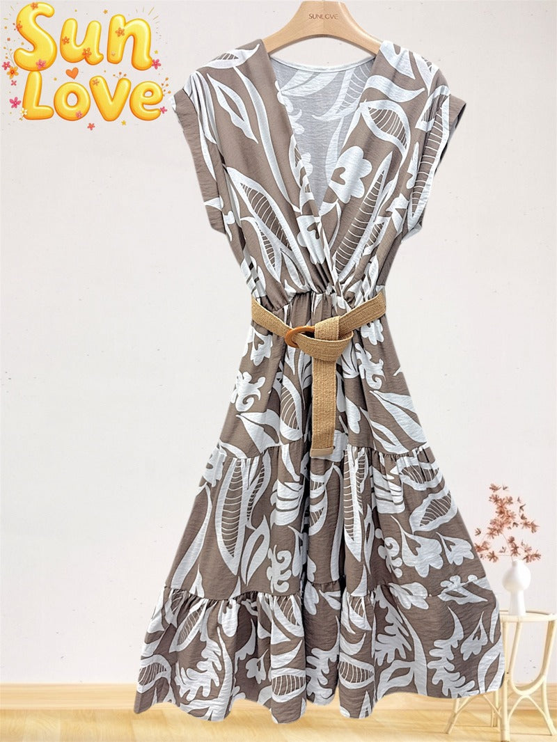 LSFBVTP Floral Belted Viscose Dress Taupe