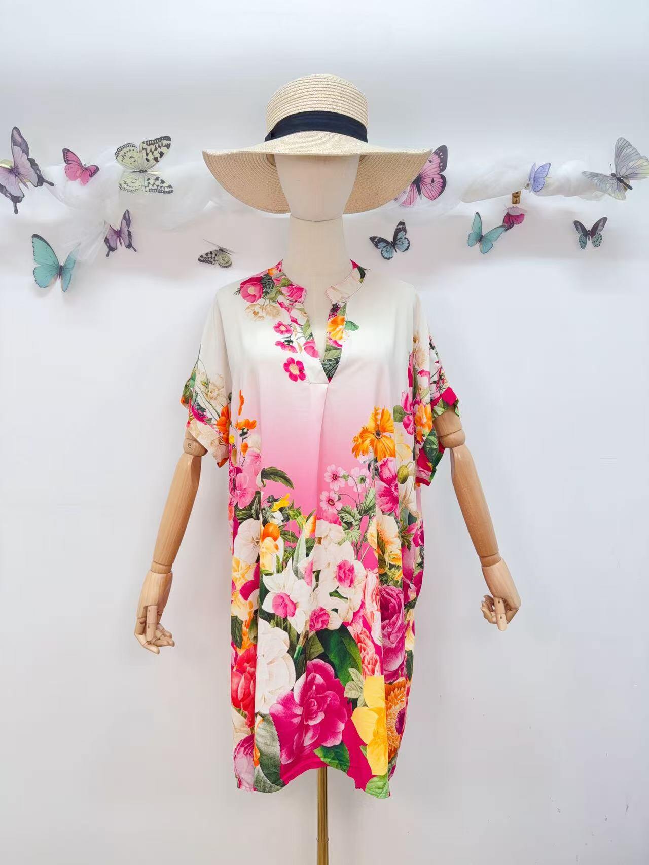 SVRSS1FX Romantic Floral Short Sleeve Dress Fuchsia