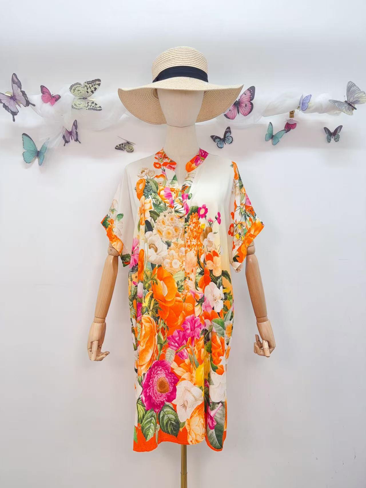 SVRSS1OR Romantic Floral Short Sleeve Dress Orange