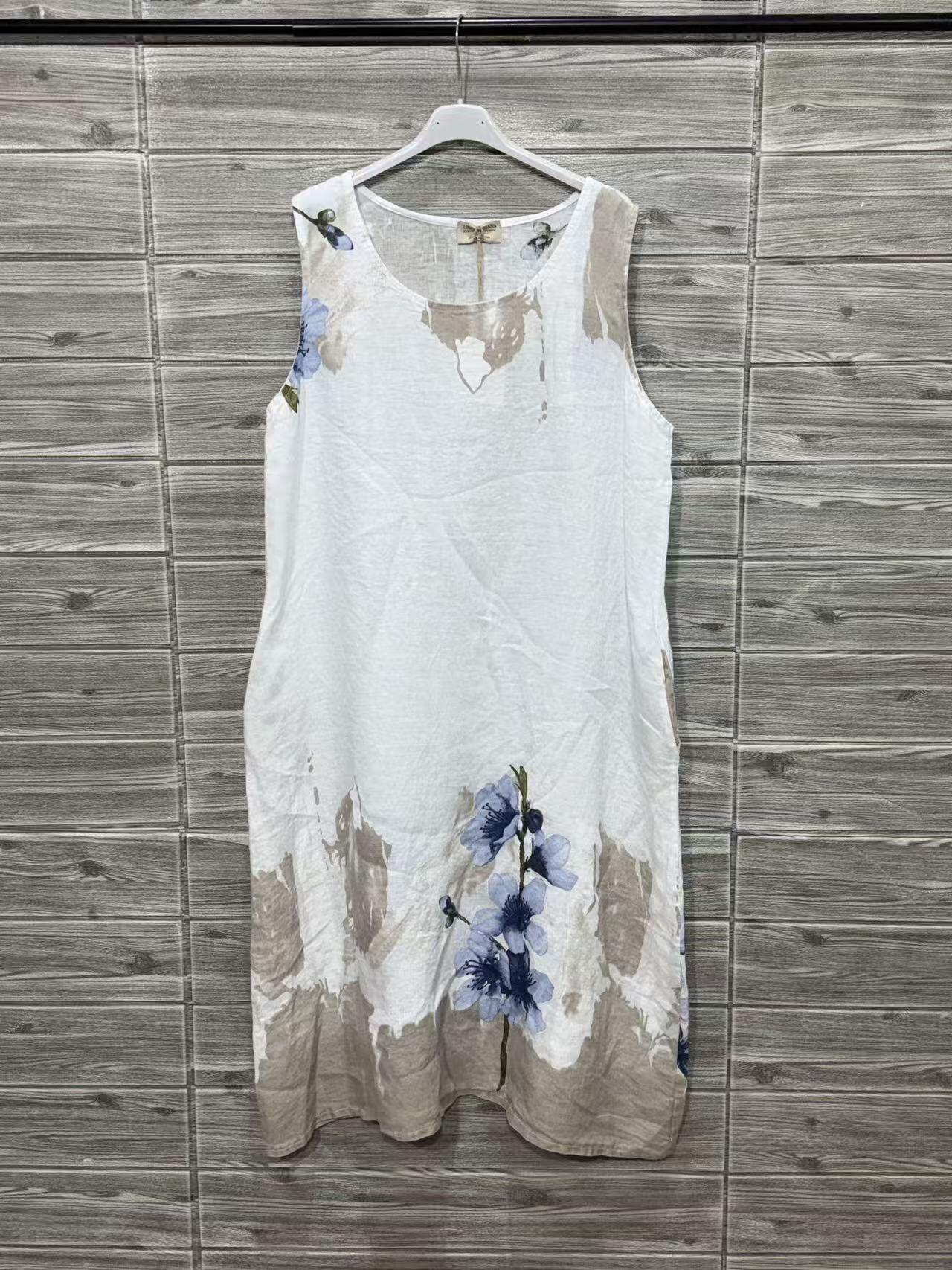 ZOPLD1WH Watercolor Floral Linen Dress White
