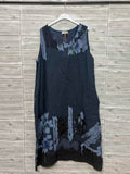 ZOPLD1DB Watercolor Floral Linen Dress Dark Blue