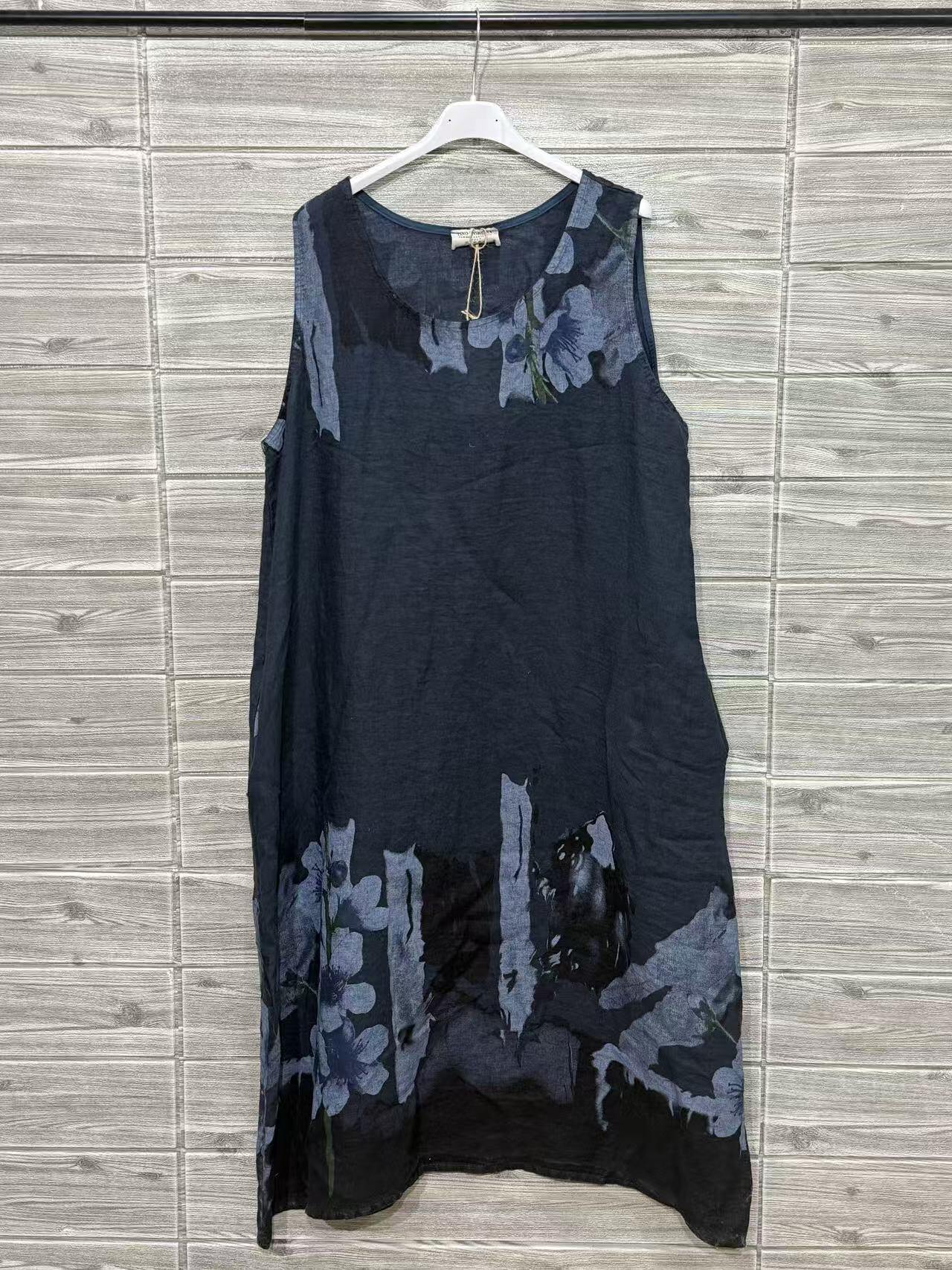 ZOPLD1DB Watercolor Floral Linen Dress Dark Blue