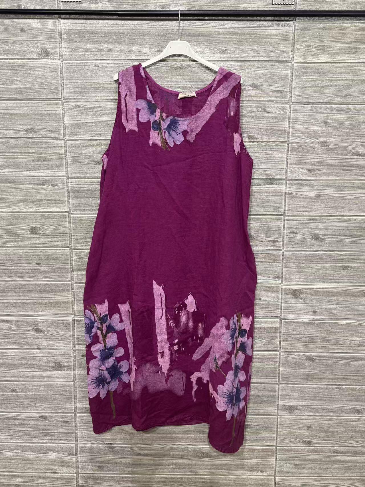 ZOPLD1RS Watercolor Floral Linen Dress Raspberry