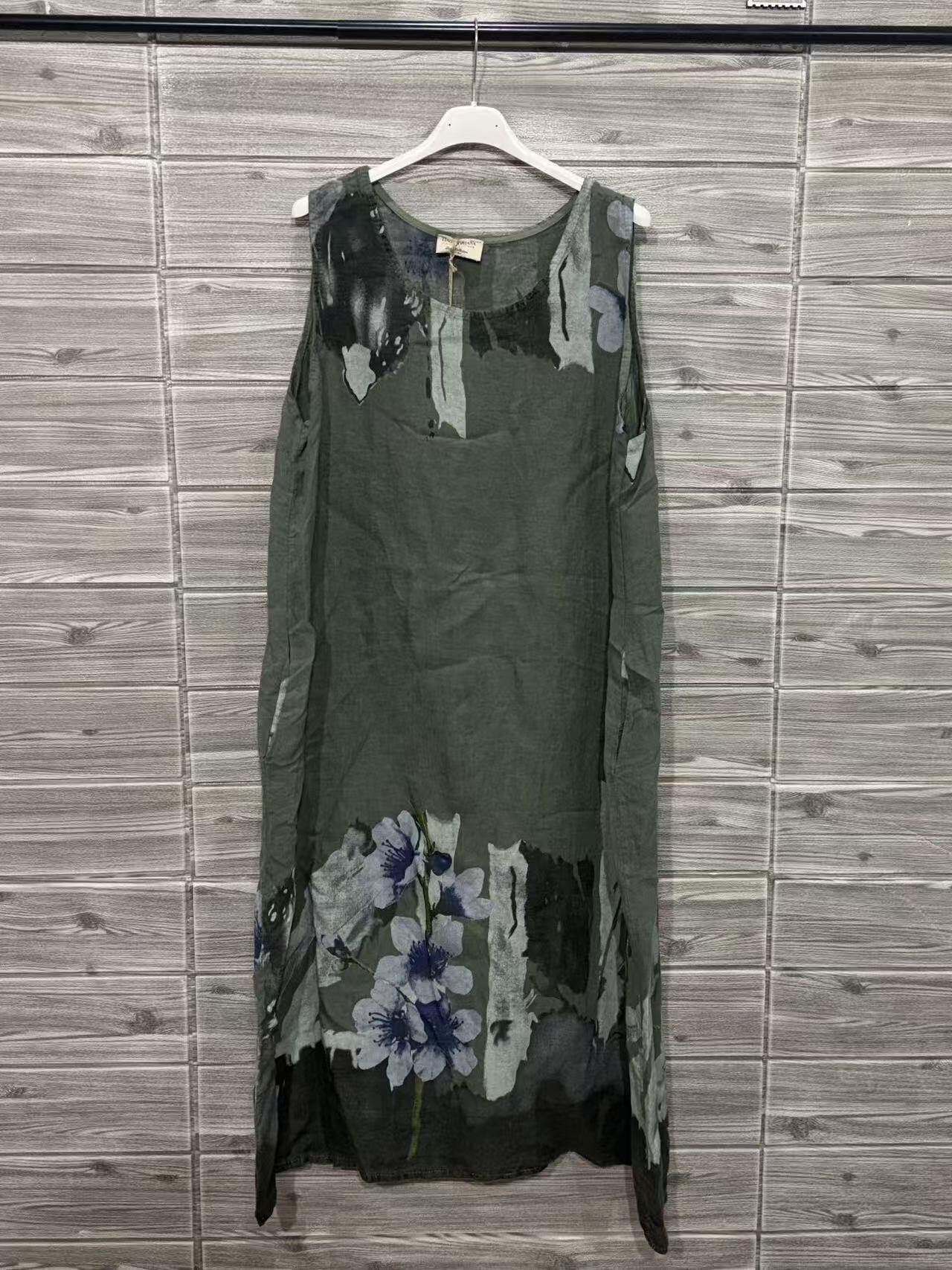 ZOPLD1KH Watercolor Floral Linen Dress Khaki