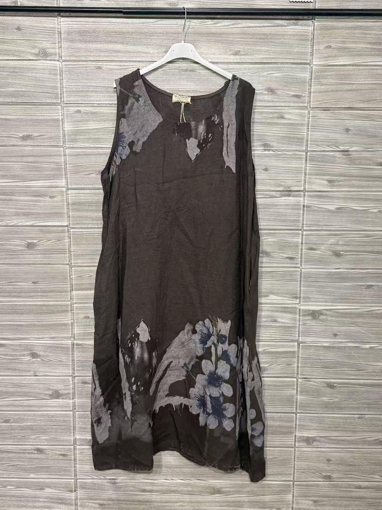 ZOPLD1BR Watercolor Floral Linen Dress Brown