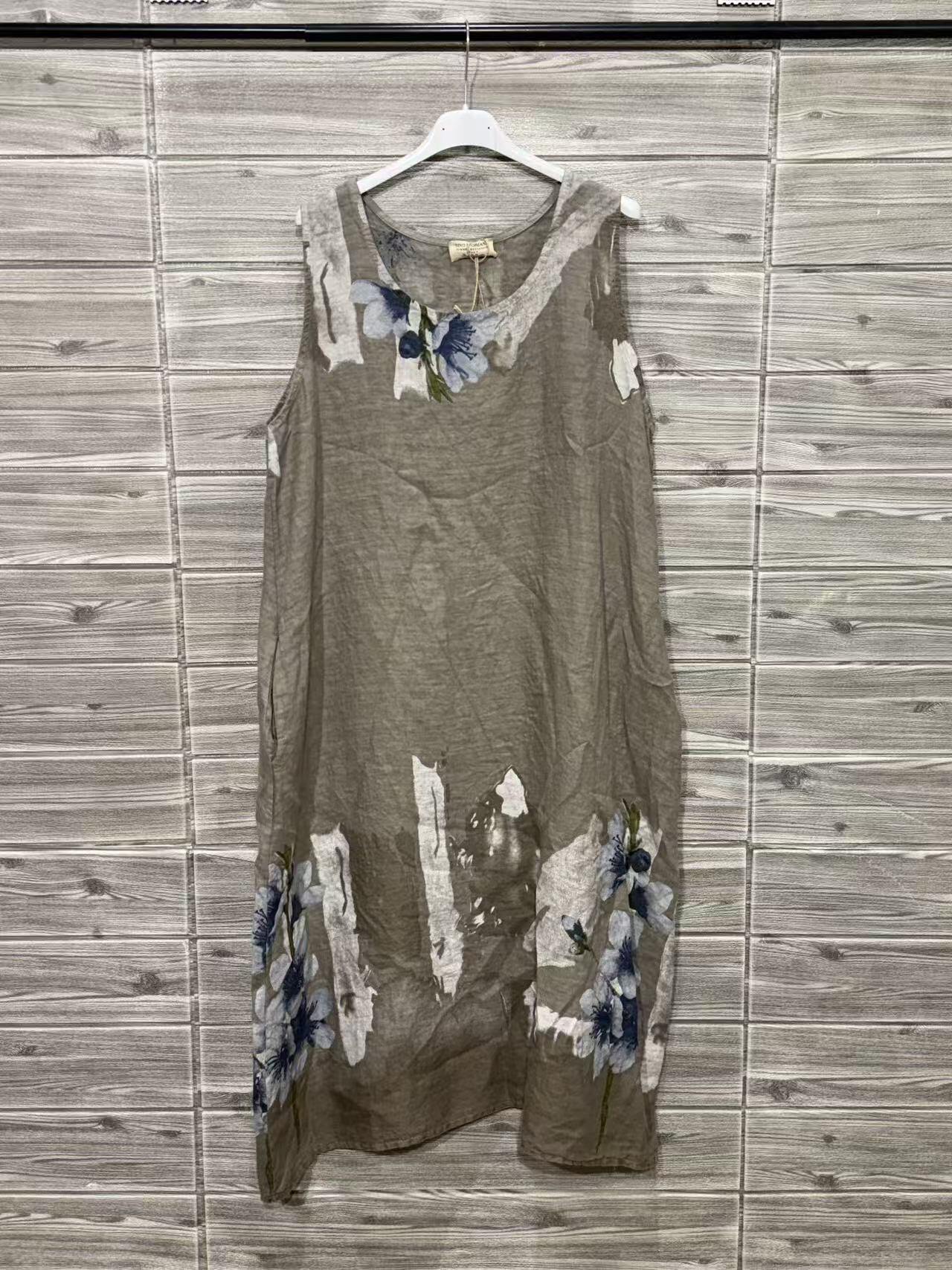 ZOPLD1TP Watercolor Floral Linen Dress Taupe