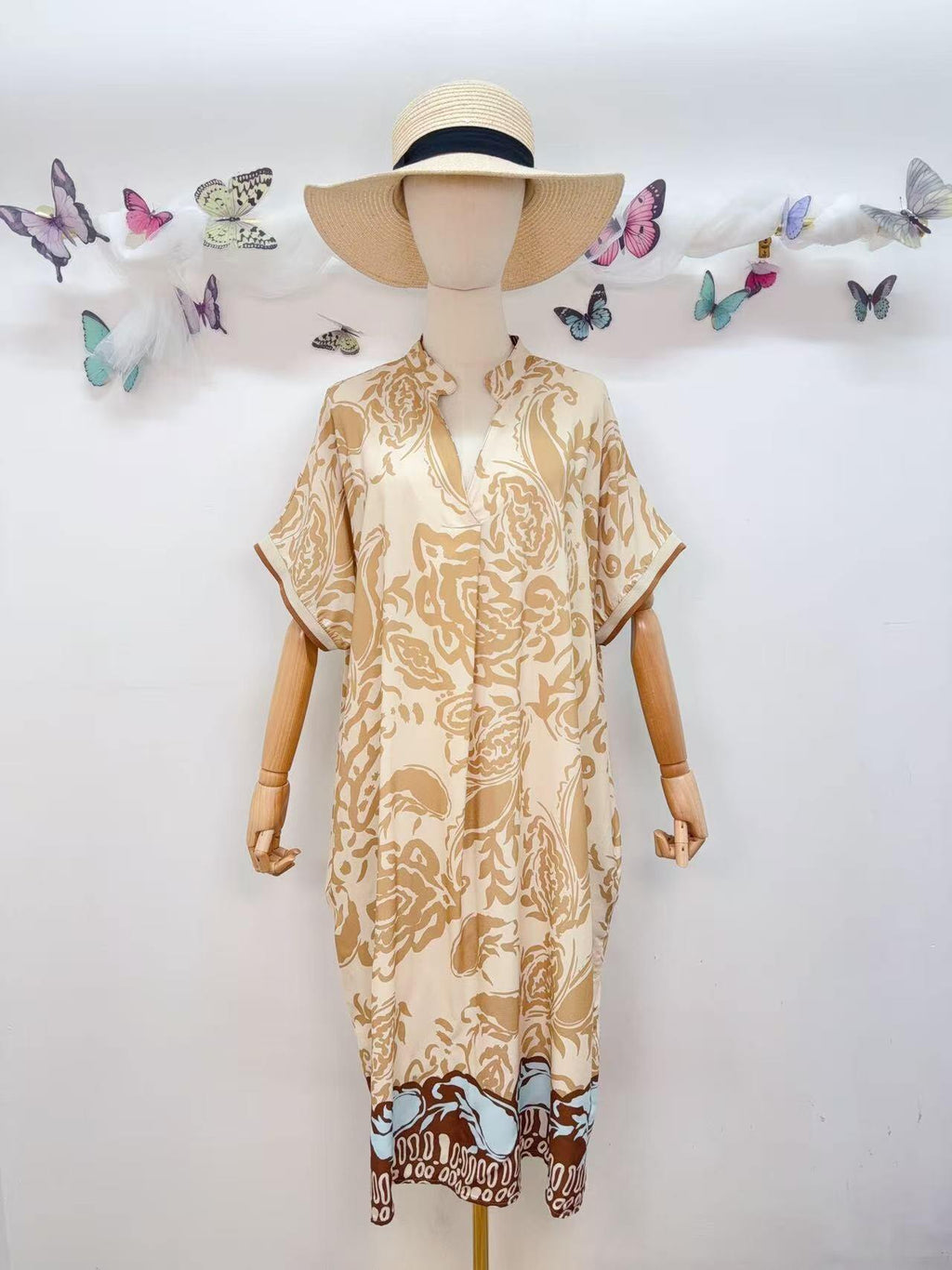 SVRI2BG Vibrant Floral Print Dress Beige