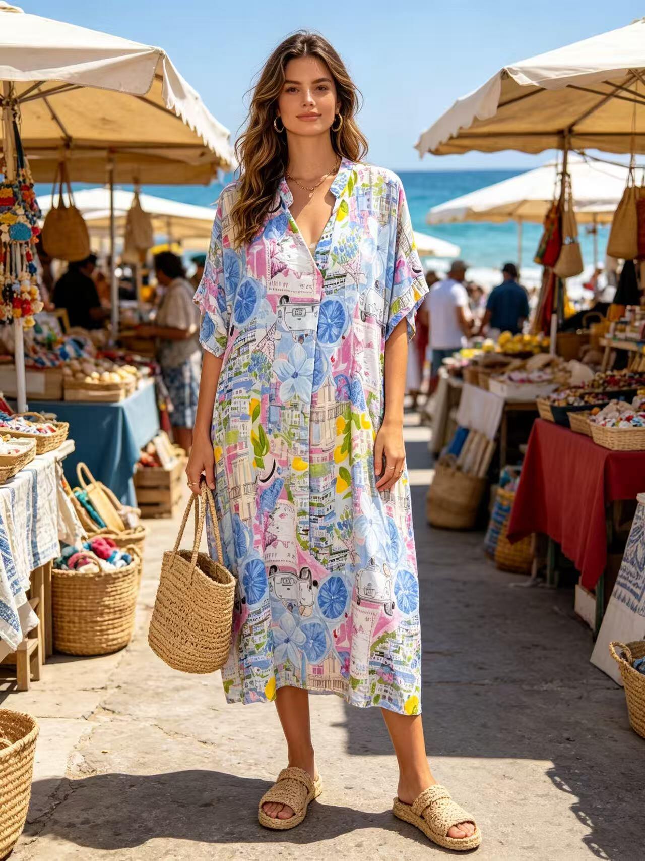 SVRI1SB Multicolor Floral Print Dress Sky Blue