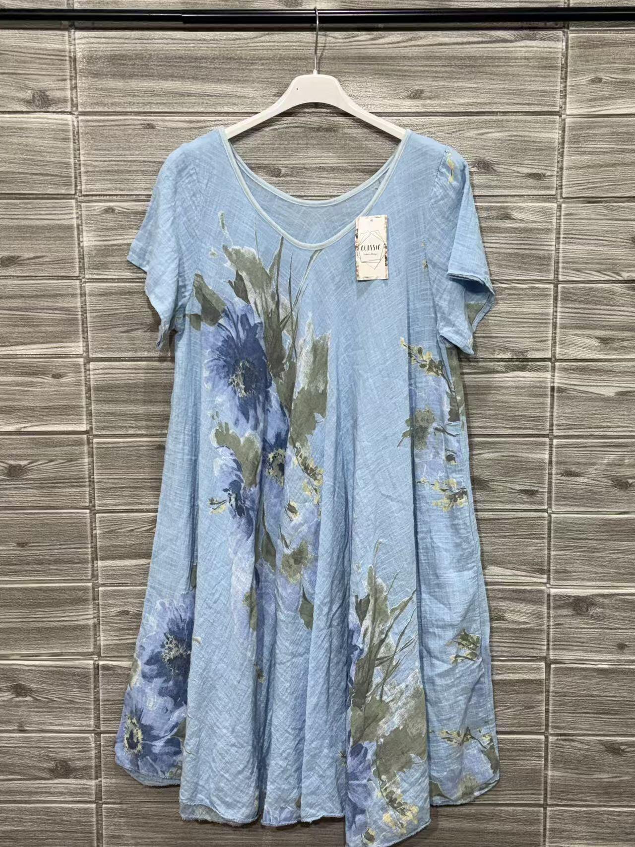 ZOPD2SB Watercolor Floral Cotton Dress Sky Blue