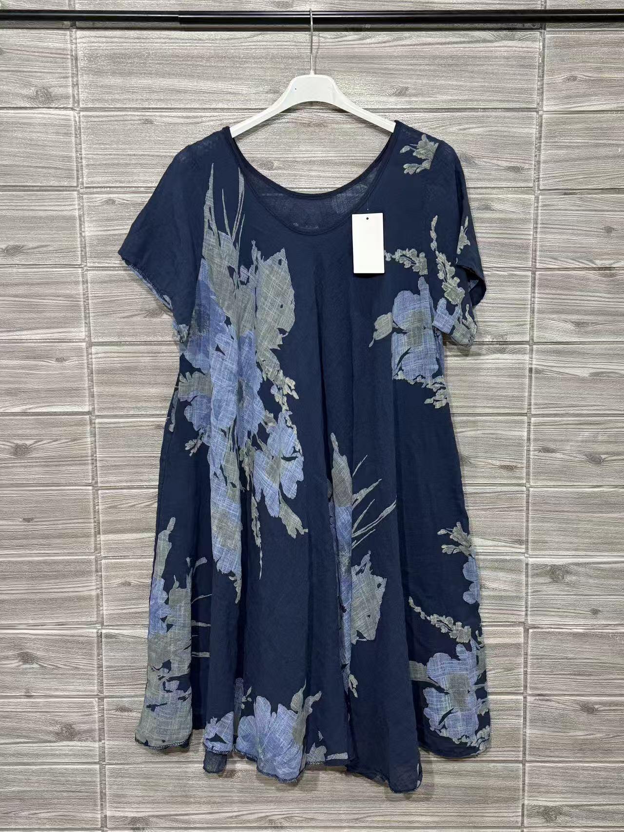 ZOPD2DB Watercolor Floral Cotton Dress Dark Blue