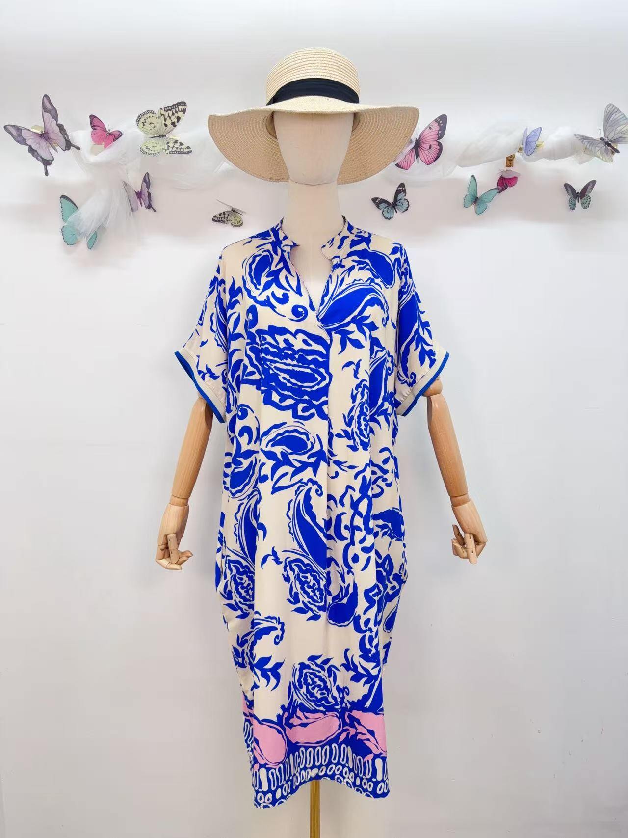 SVRI2RB Vibrant Floral Print Dress Royal Blue