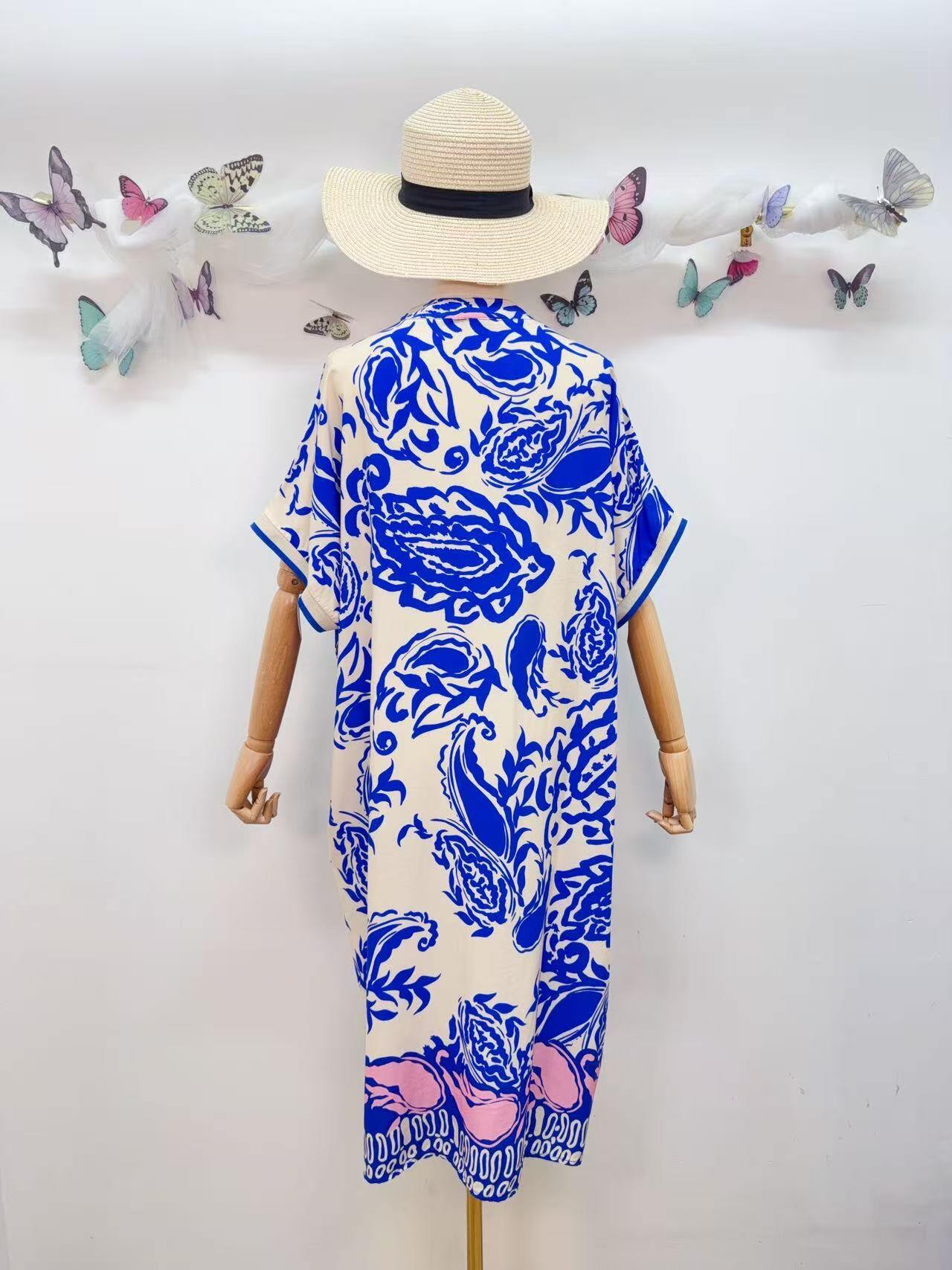 SVRI2RB Vibrant Floral Print Dress Royal Blue