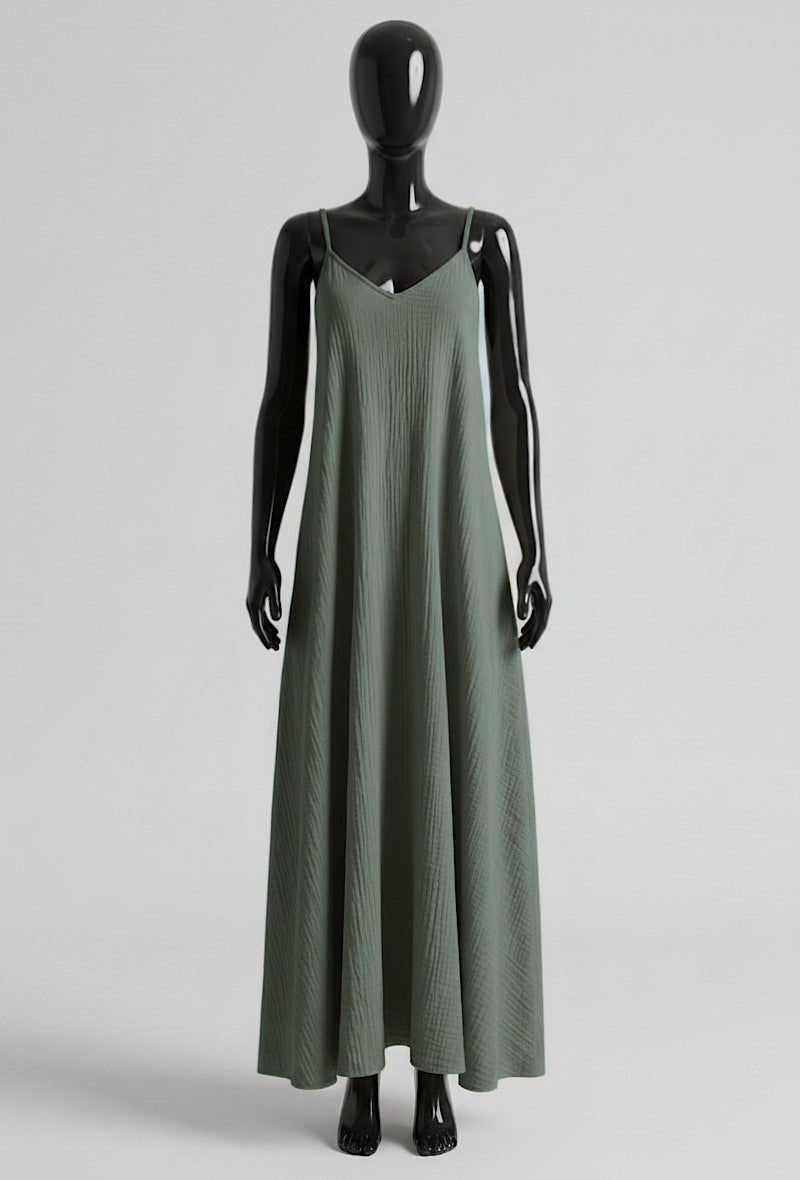 ELIS3 Khaki Gauze Cotton Maxi Dress