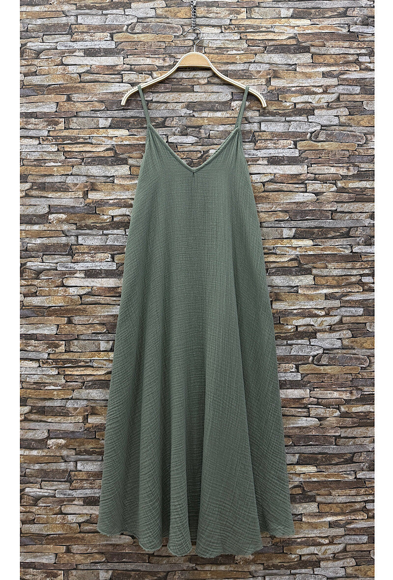 ELIS3 Khaki Gauze Cotton Maxi Dress