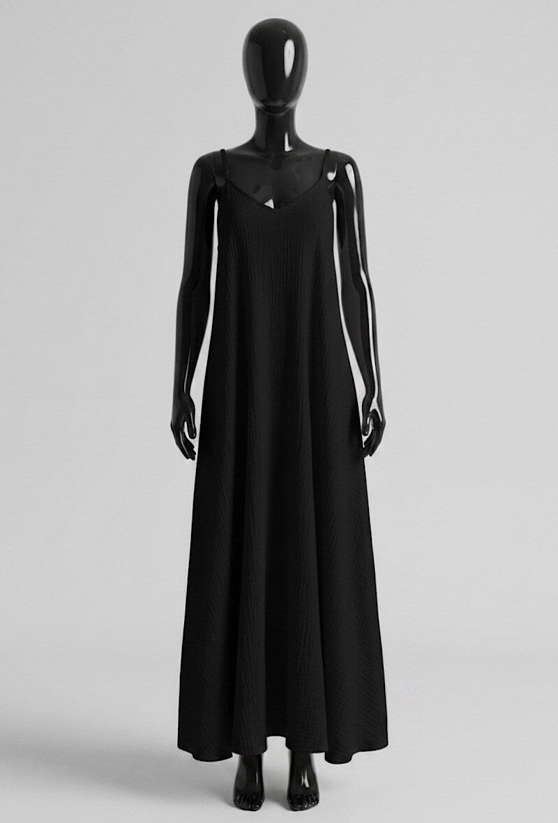 ELIS11 Black Gauze Cotton Maxi Dress
