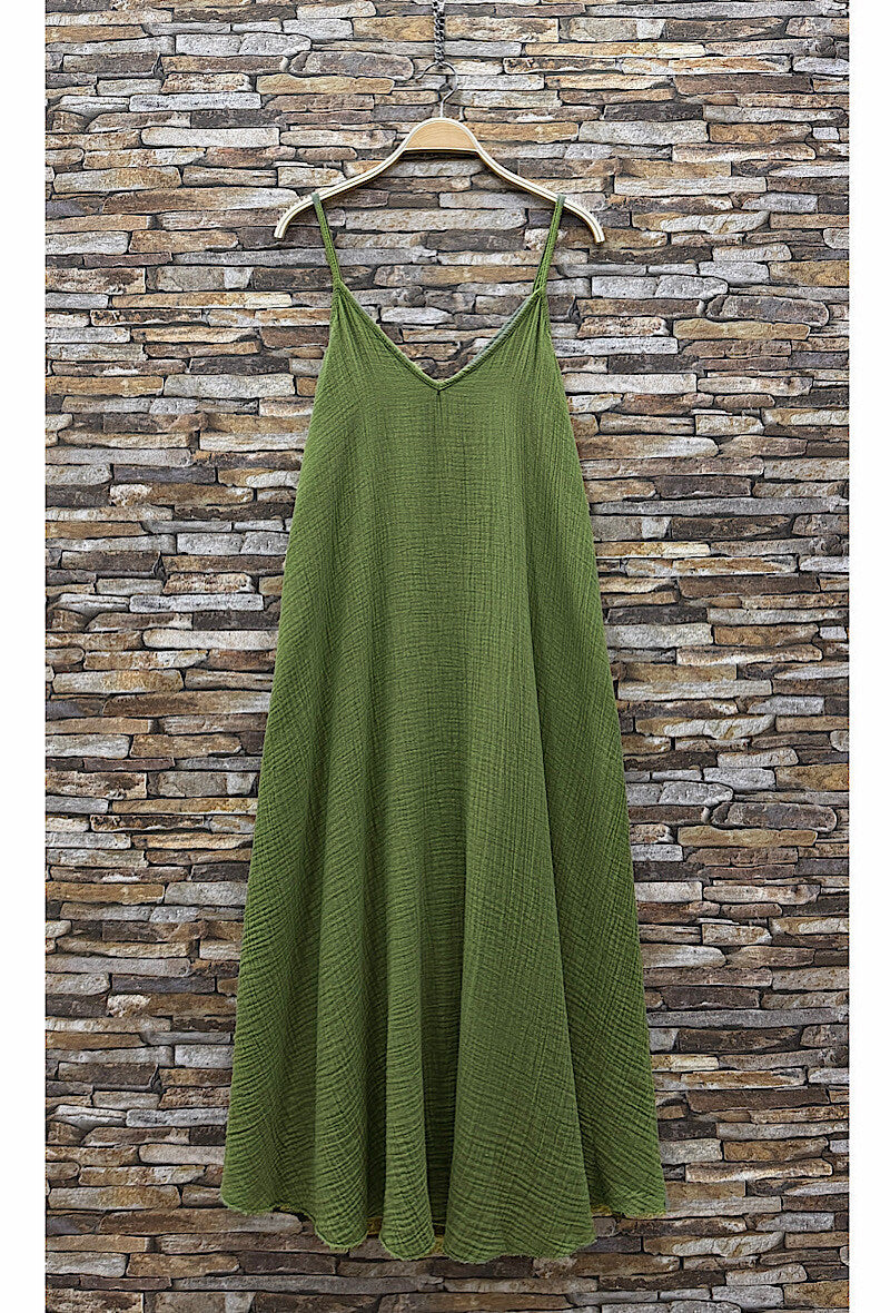 ELIS6 Olive Green Gauze Cotton Maxi Dress
