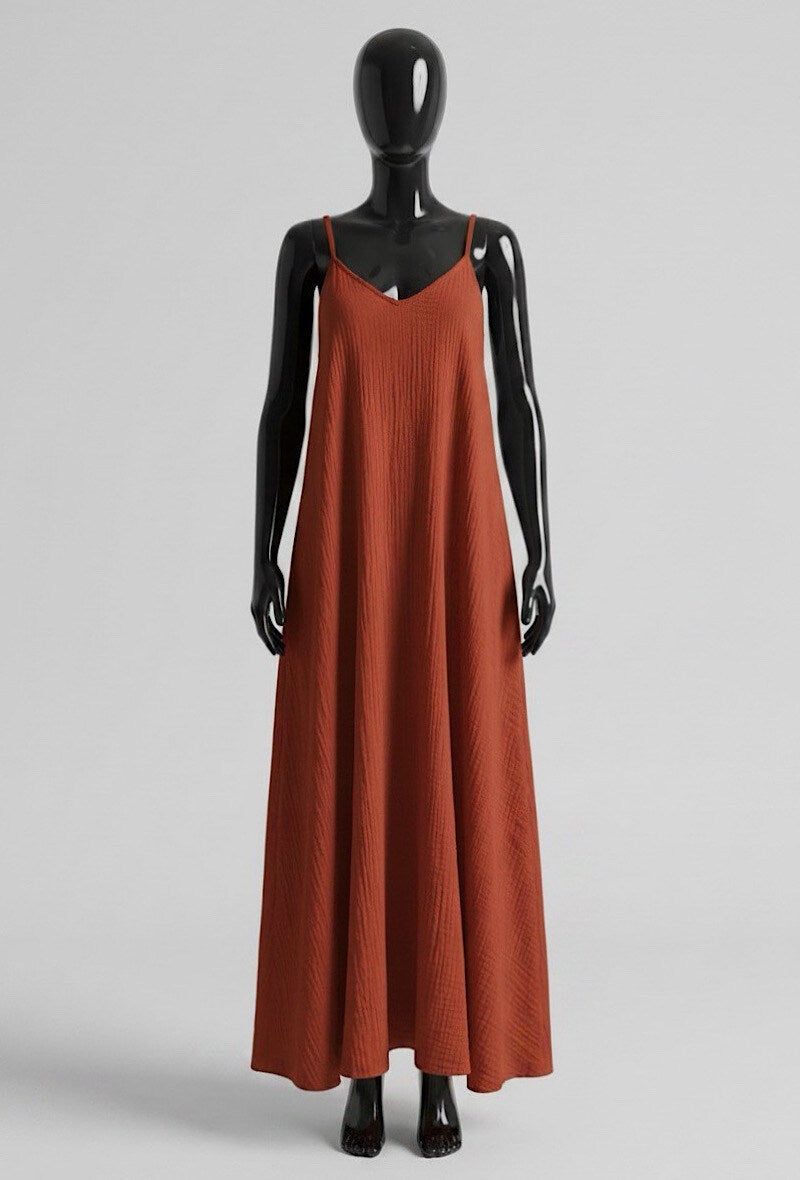 ELIS1 Terracotta Gauze Cotton Maxi Dress