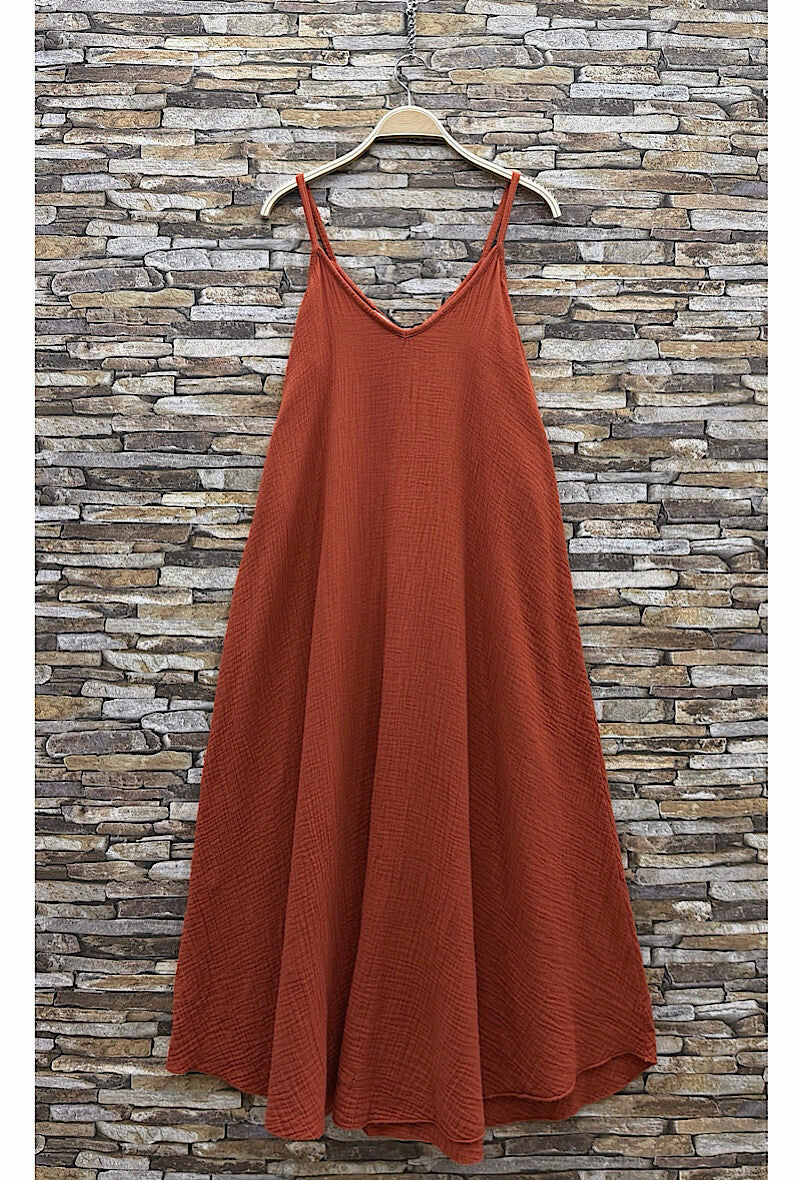 ELIS1 Terracotta Gauze Cotton Maxi Dress