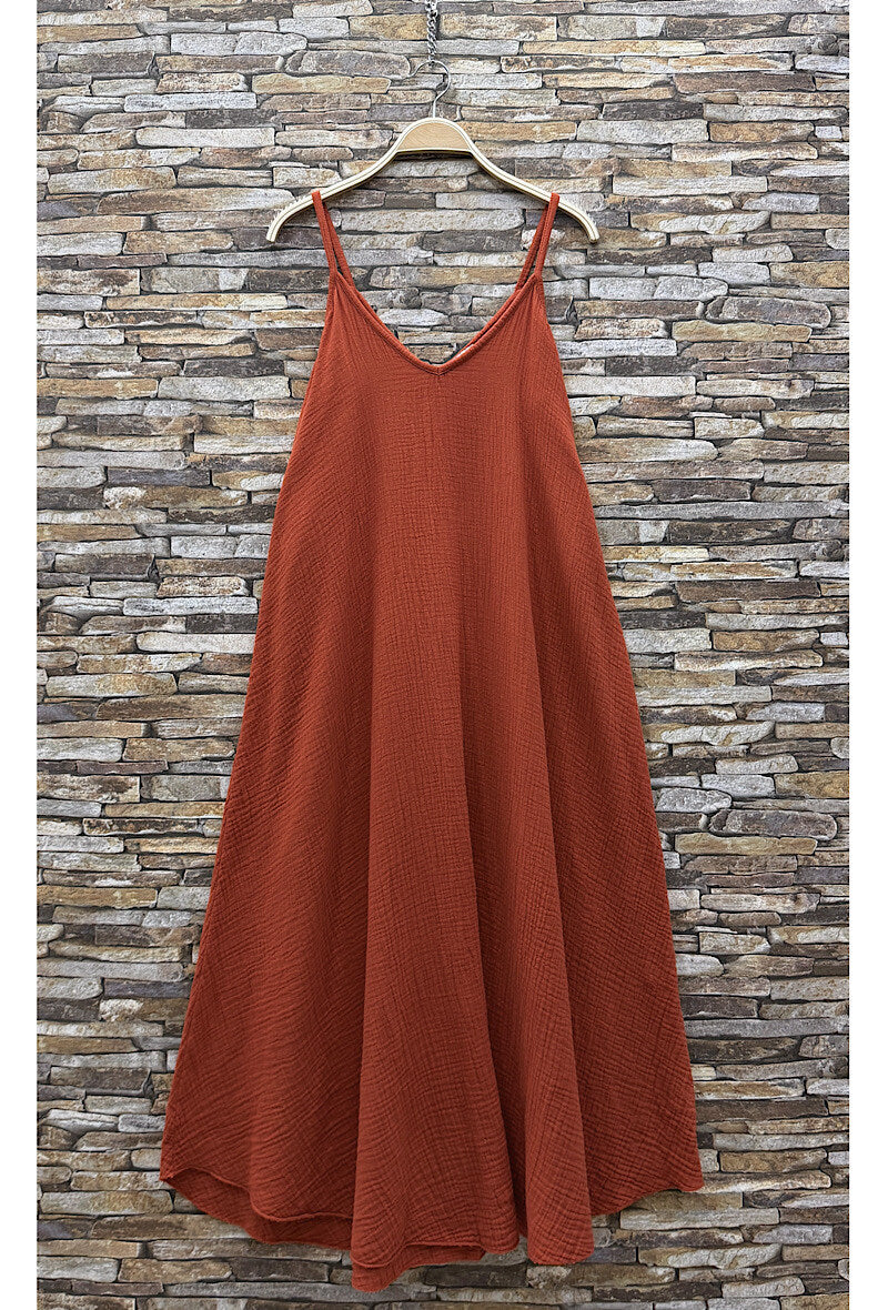 ELIS1 Terracotta Gauze Cotton Maxi Dress