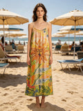 LSPLMBG Palm Print Cotton Maxi Dress Beige