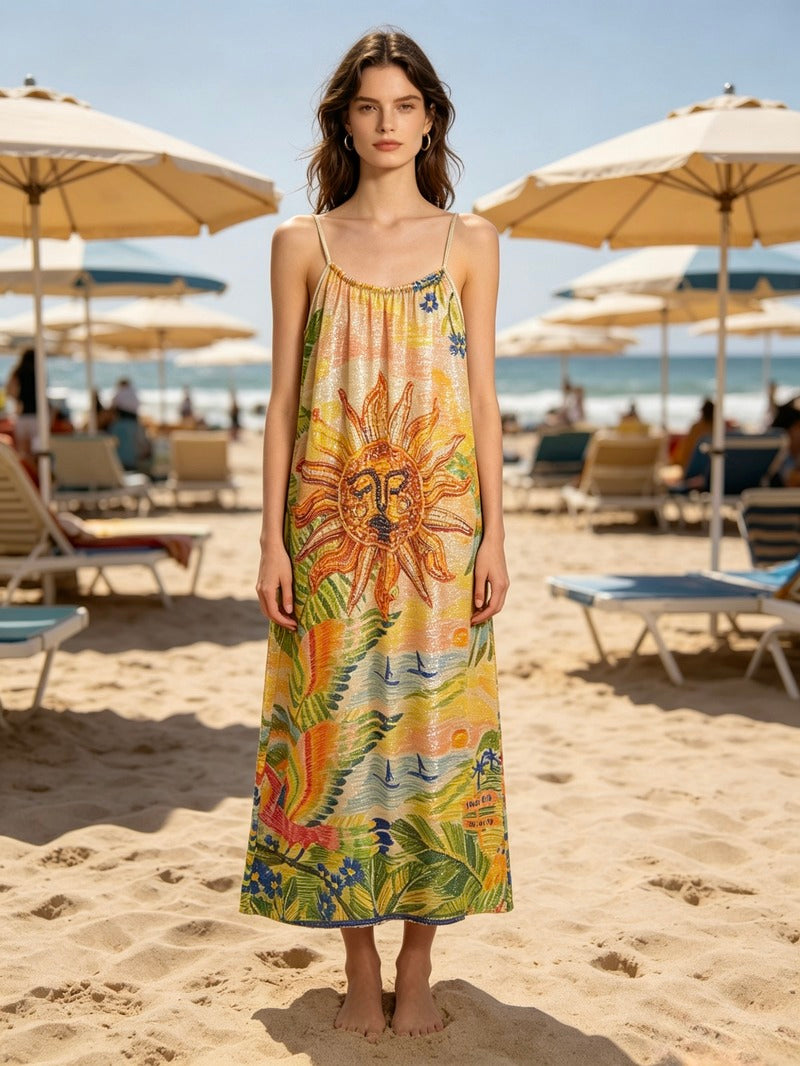 LSPLMBG Palm Print Cotton Maxi Dress Beige