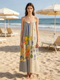 LSSTPBG Striped Print Cotton Maxi Dress Beige