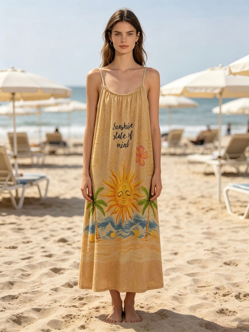 LSSUNBG Sun Print Cotton Maxi Dress Beige