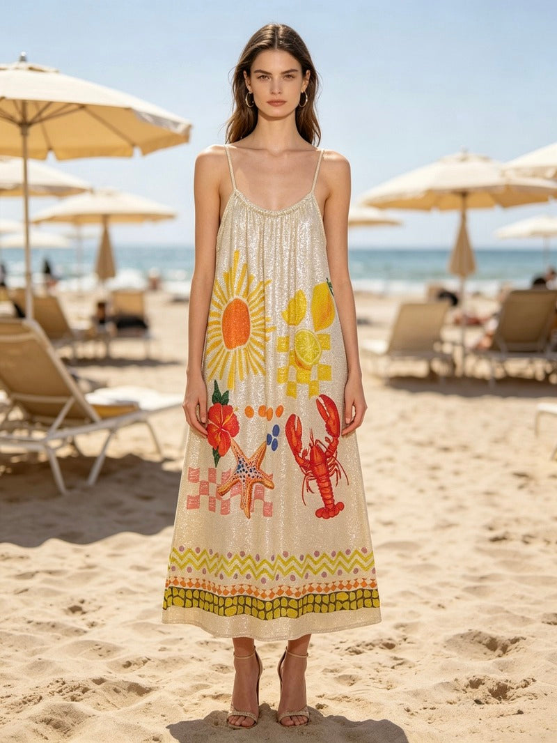 LSLOBBG Lobster Print Cotton Maxi Dress Beige