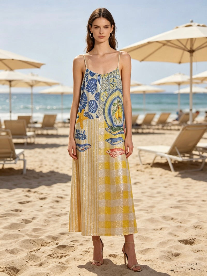LSMDTBG Mediterranean Print Cotton Maxi Dress Beige