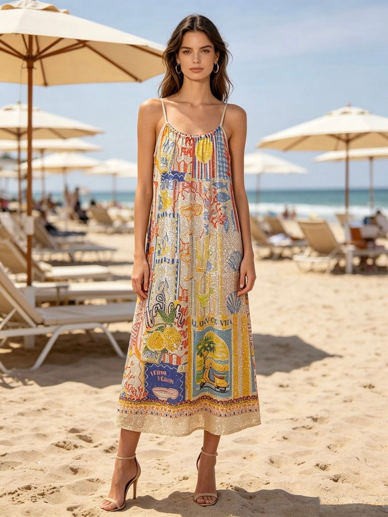 LSRIVBG Riviera Print Cotton Maxi Dress Beige