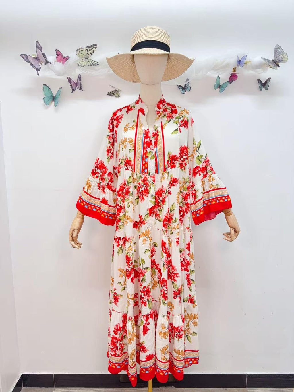 Loowie Long Buttoned Dress in Red