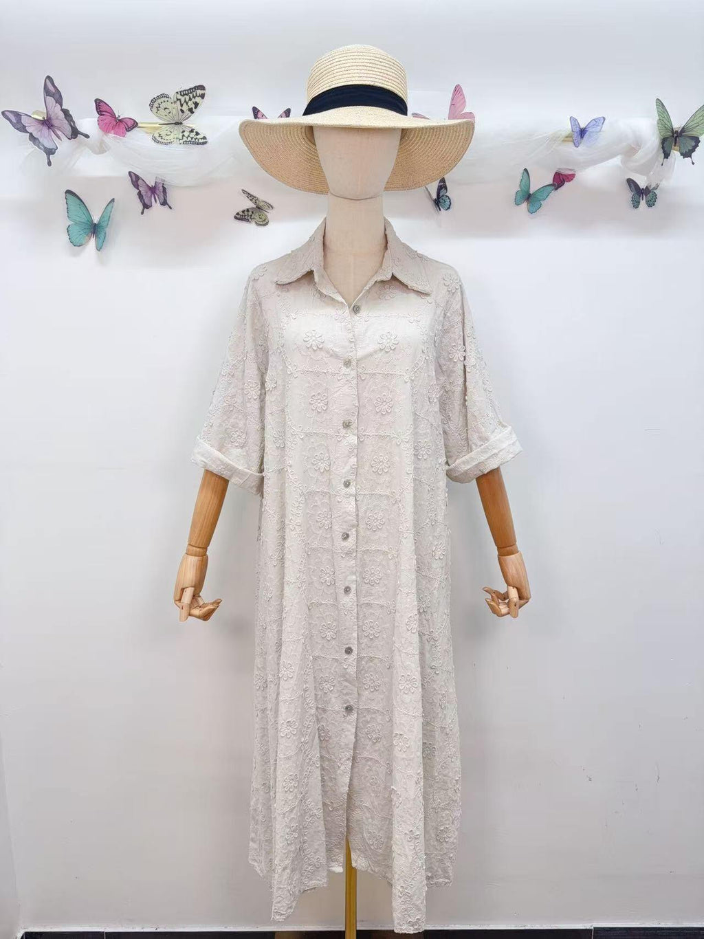 Loowie Floral Embroidered Dress in Beige