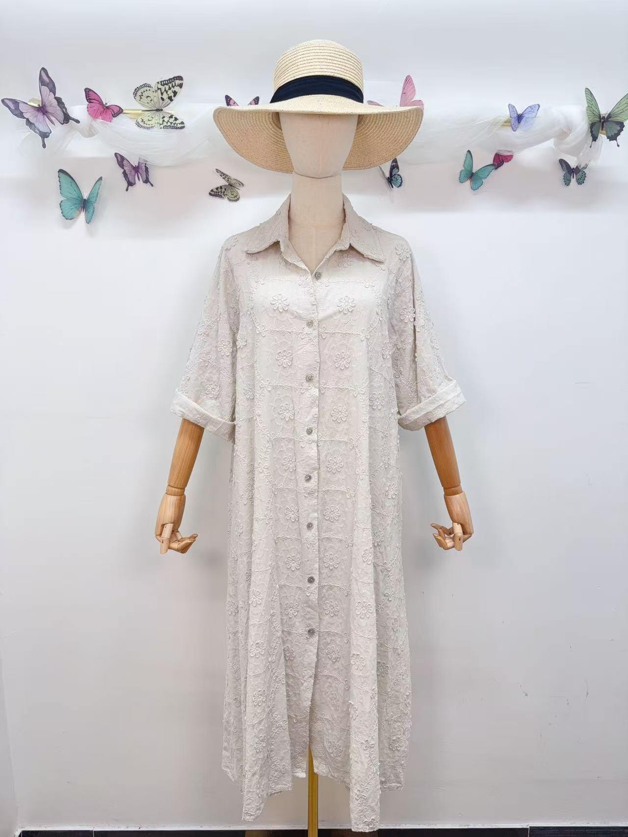 Loowie Floral Embroidered Dress in Beige
